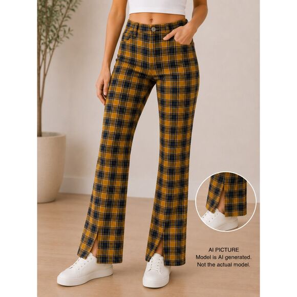 Urban Outfitters Pants - Urban Outfitters Plaid Flare Pants Size 4 Yellow Mustard Split Hem Front Slit